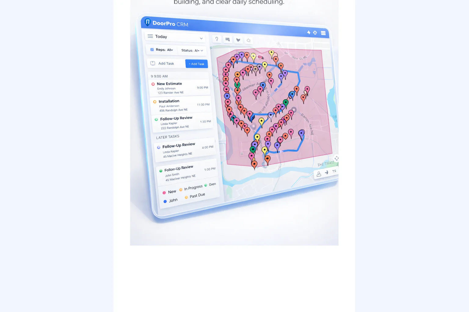 DoorPro territory context traveling with the representative on a tablet