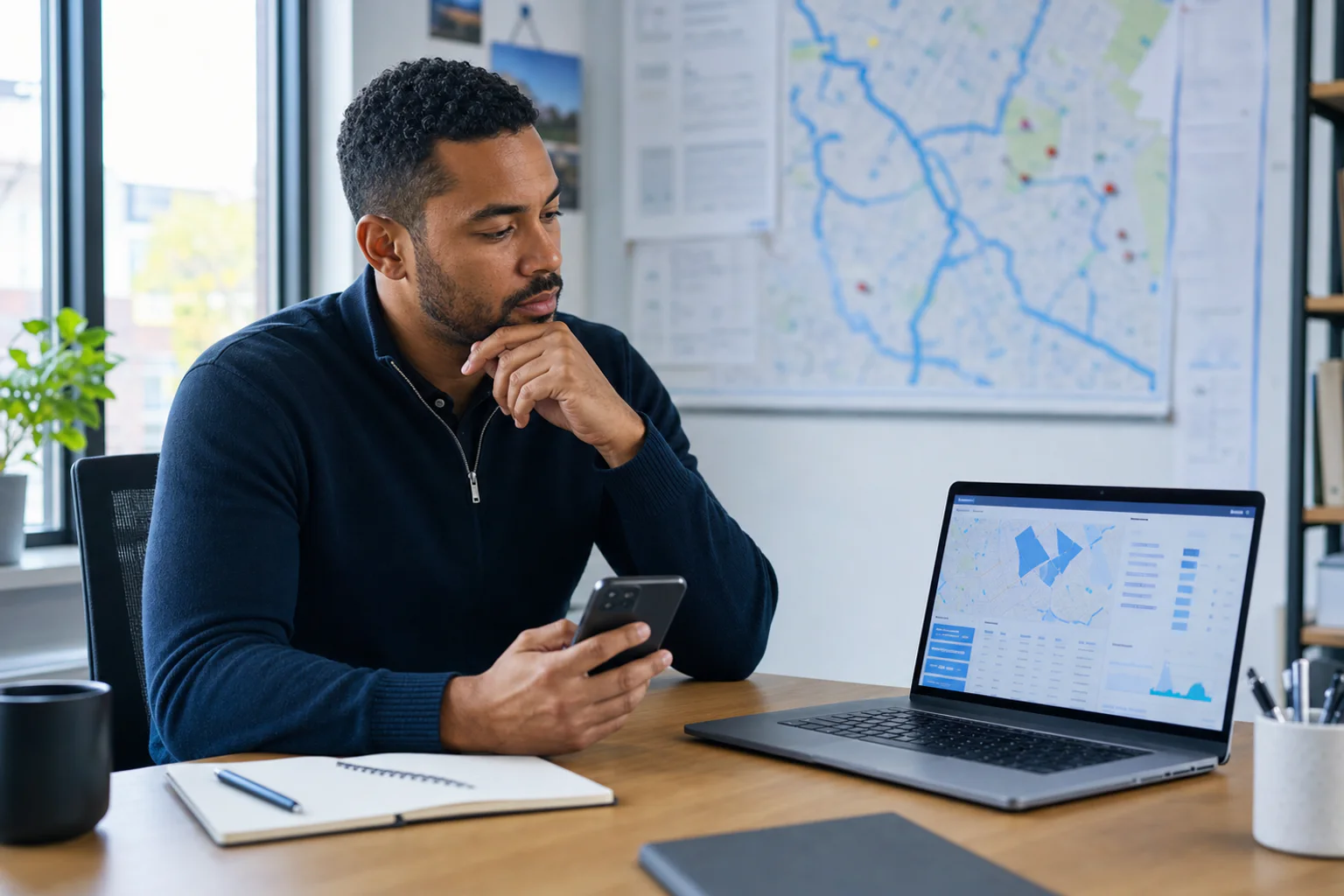 A manager comparing field sales CRM workflows across a phone and laptop