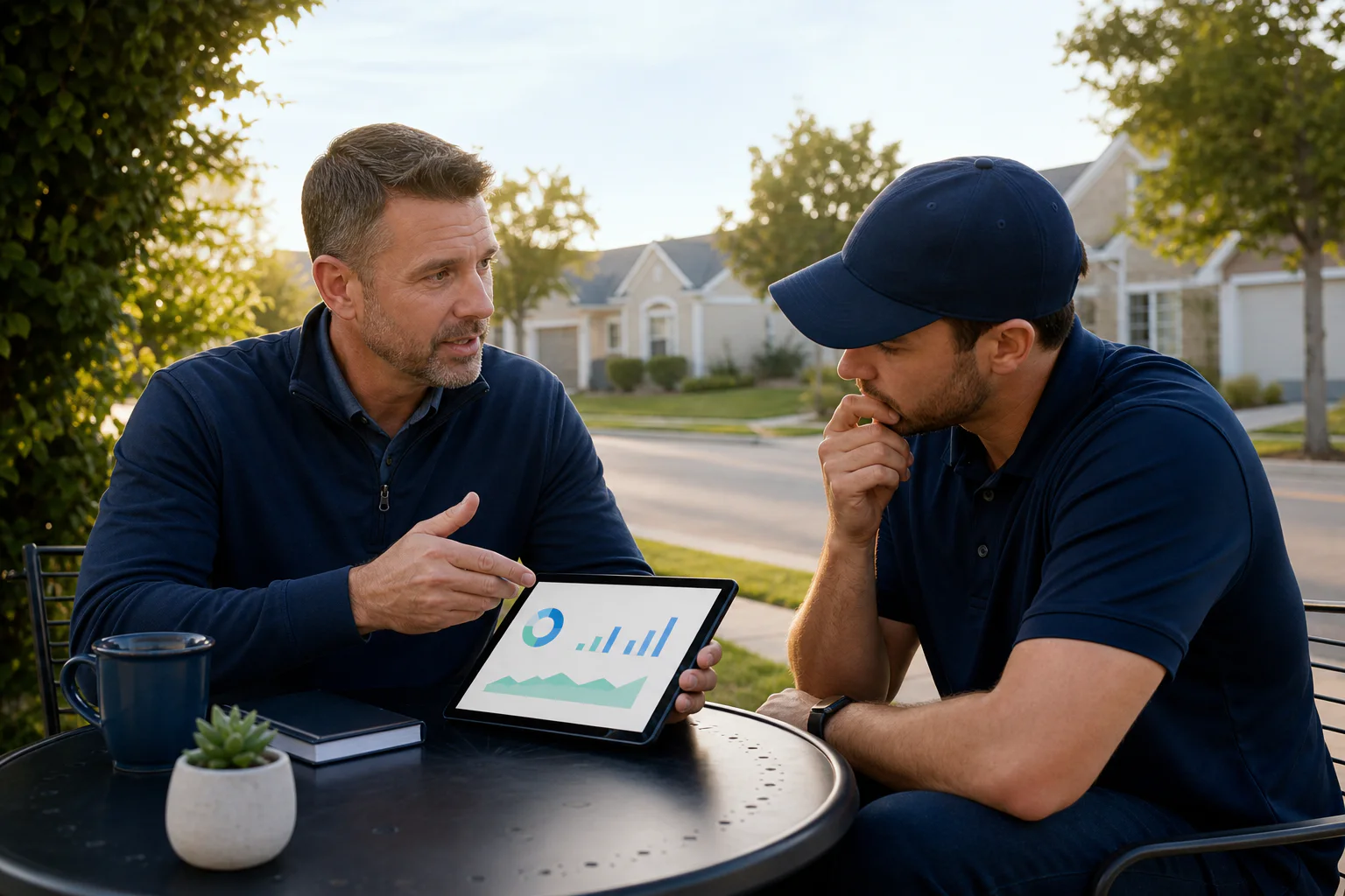 A manager coaching a field representative with a focused performance review
