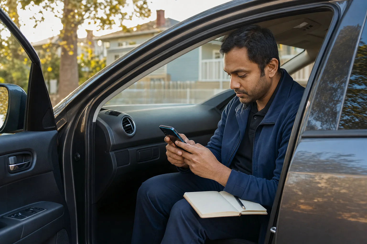 A representative capturing a follow-up action from a parked vehicle