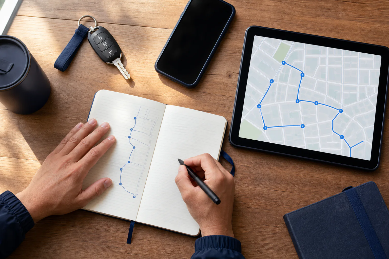 A route planning workspace with a mapped territory, notebook, and vehicle keys