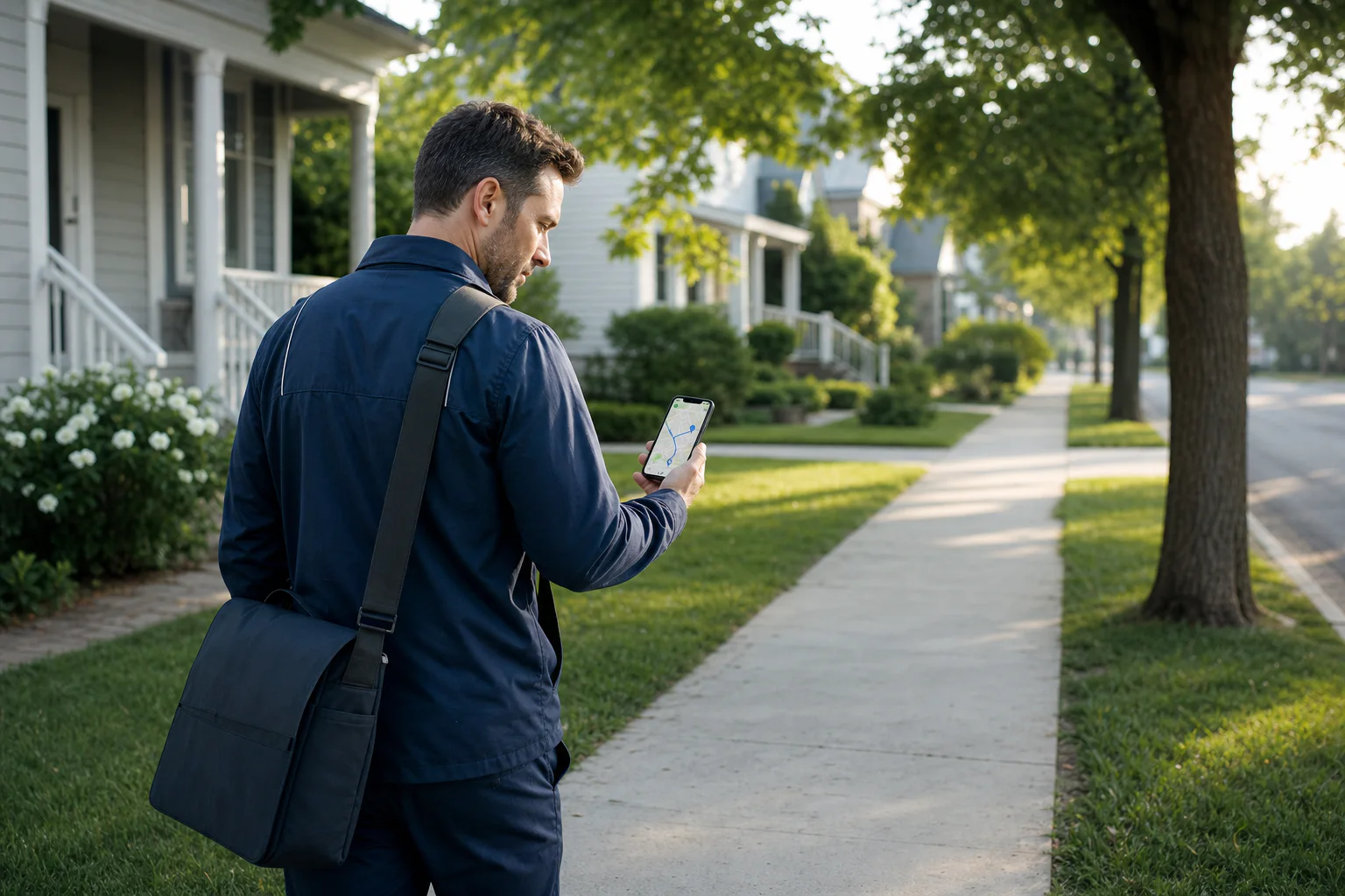 A field representative following a mapped route through a neighborhood