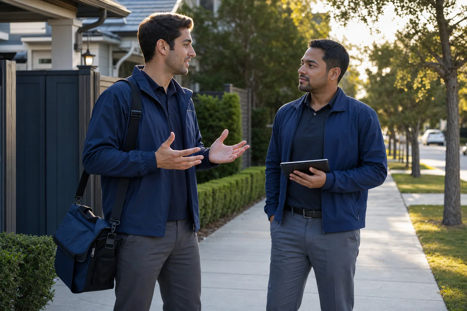 Two field representatives practicing a natural opening conversation