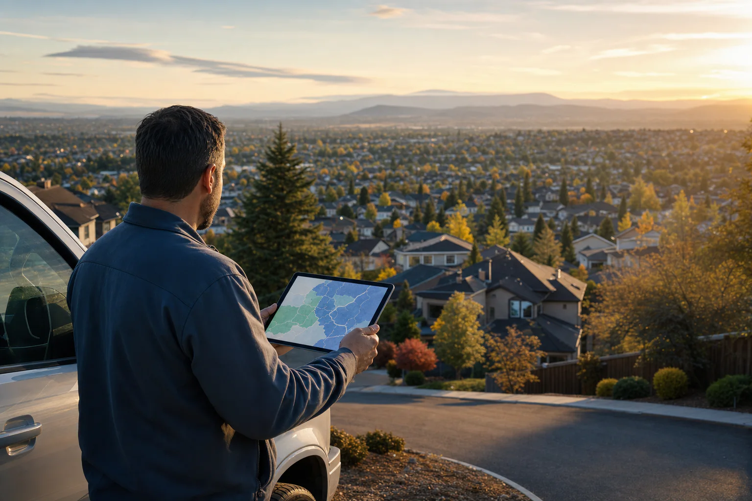 A manager reviewing mapped territory zones above a residential market