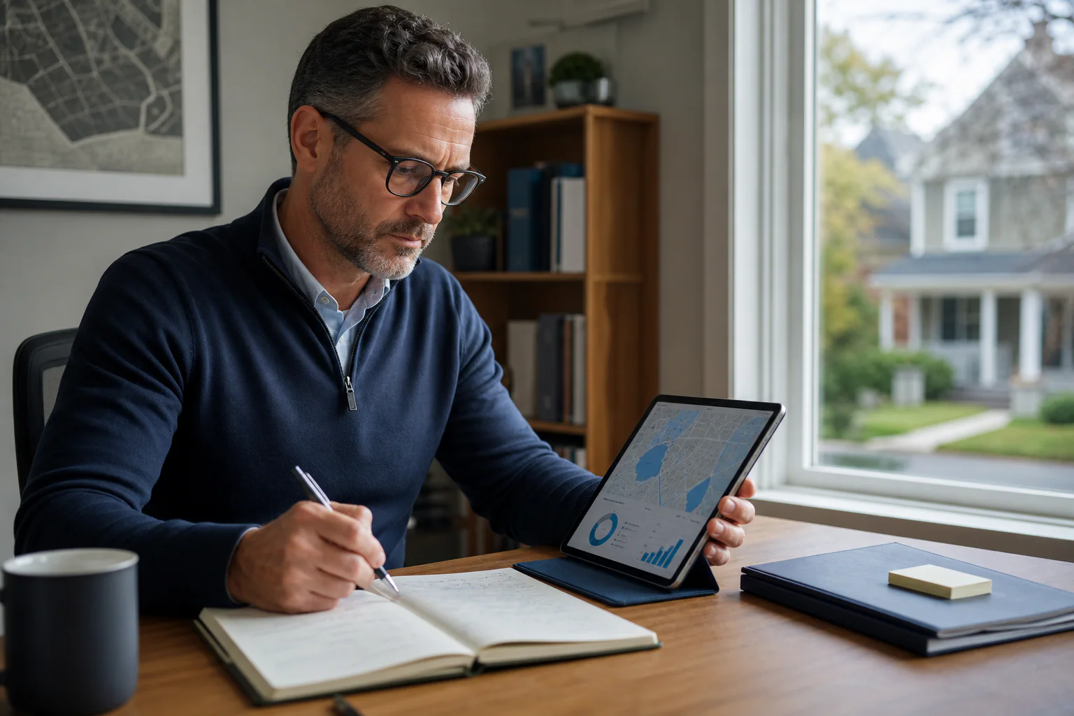 A field sales manager writing coaching notes beside current territory and performance data