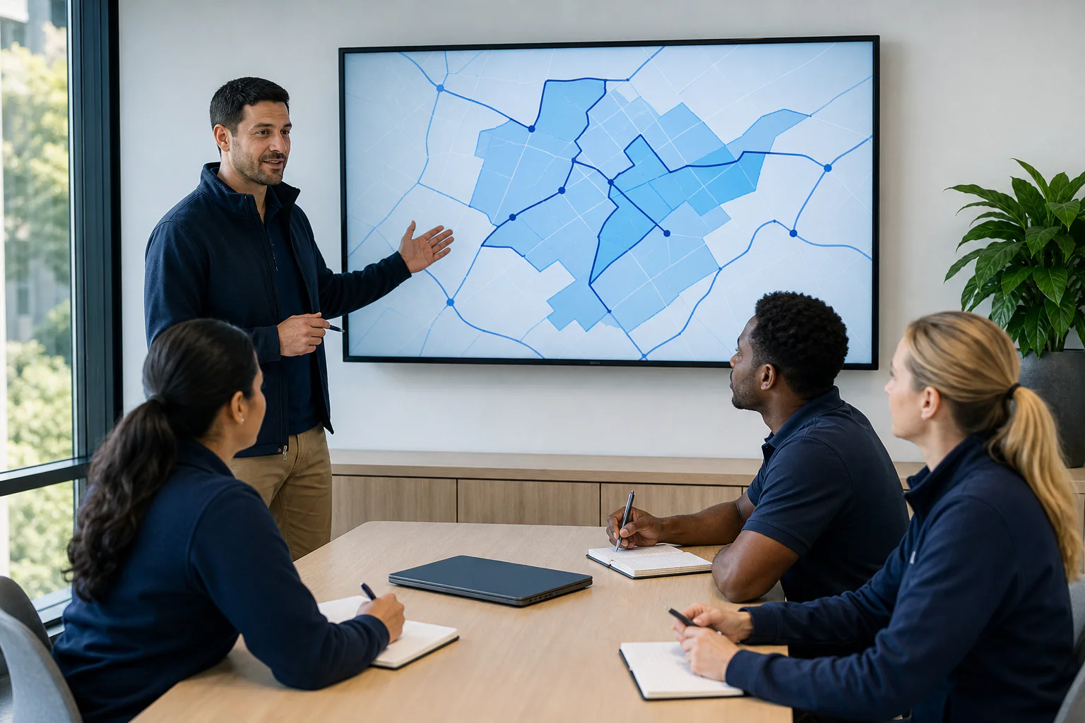 A new field team learning its territory workflow during a morning operations briefing