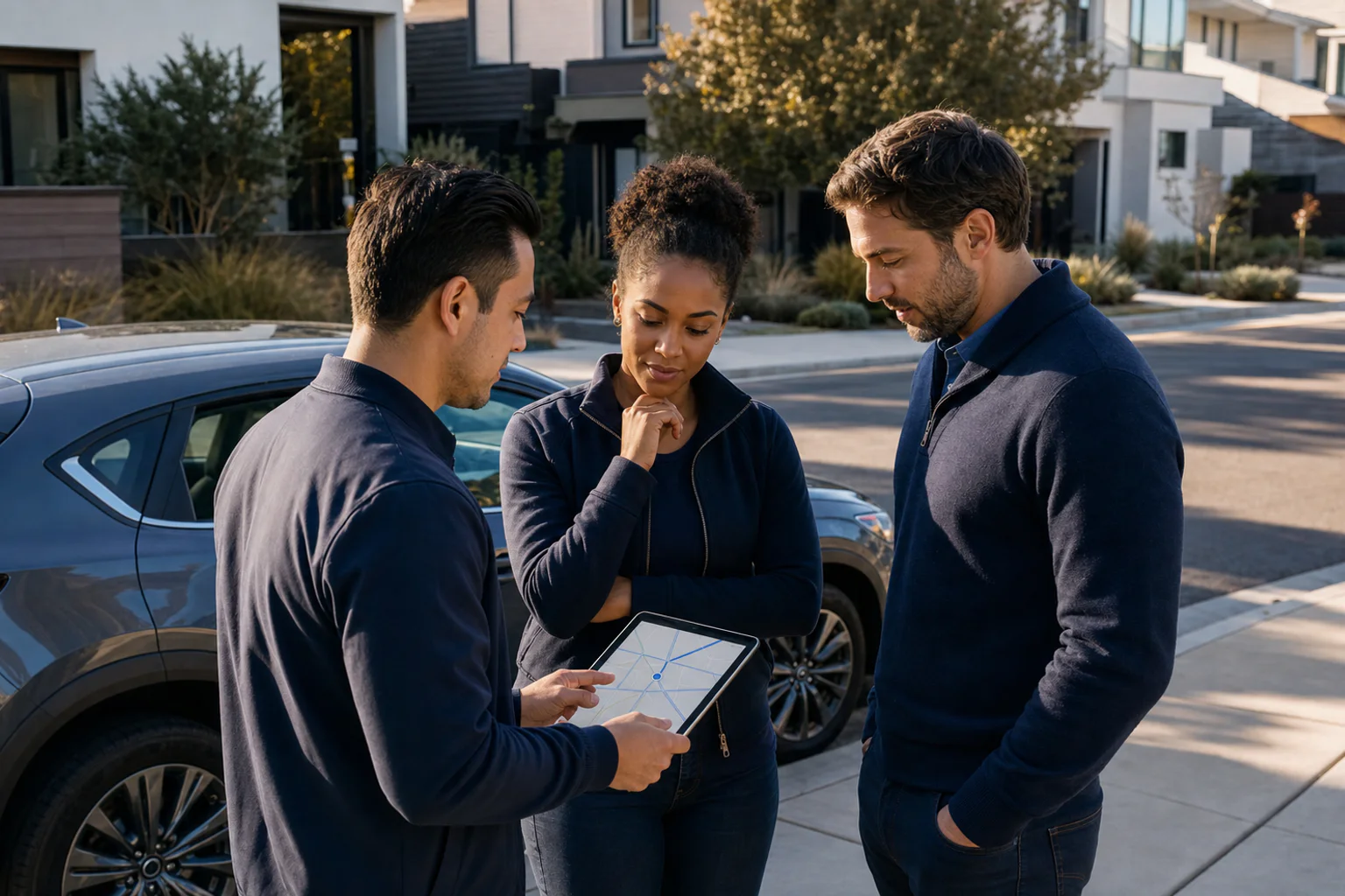 A field sales team reviewing territory coverage together before starting the day