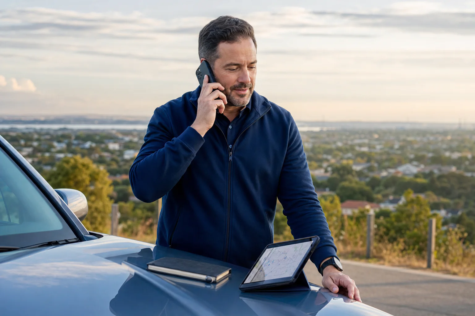 A field manager making a call beside a vehicle with a territory map ready
