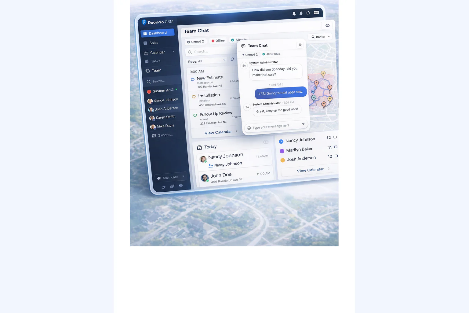 DoorPro team communication and manager visibility on desktop