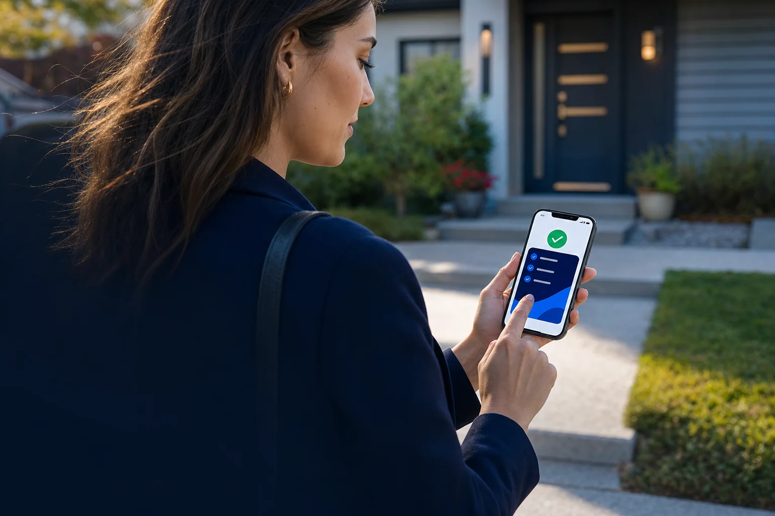 A field representative completing a follow-up on her phone after a doorstep visit