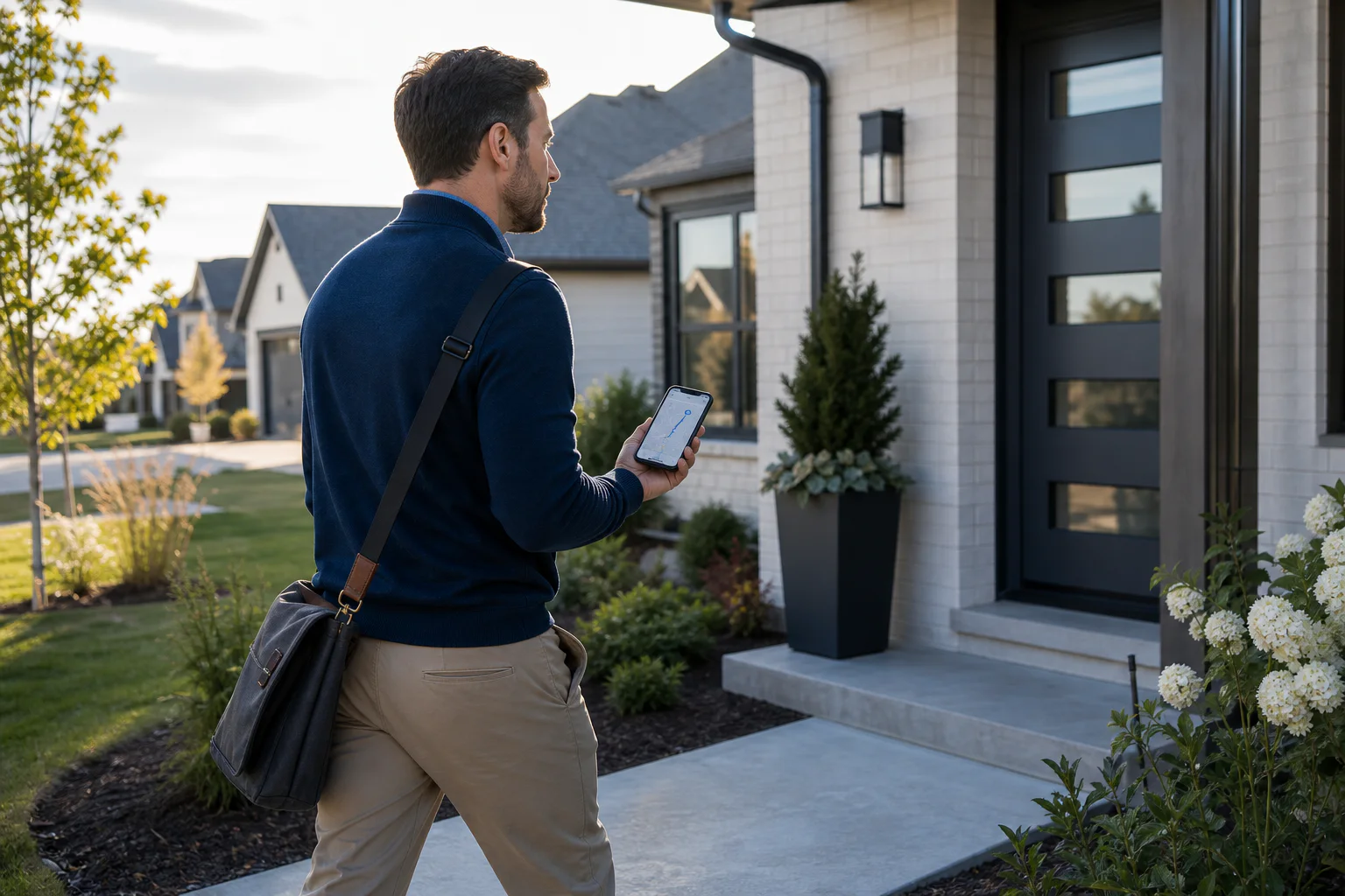 A field sales representative using a mapped route while approaching the next front door