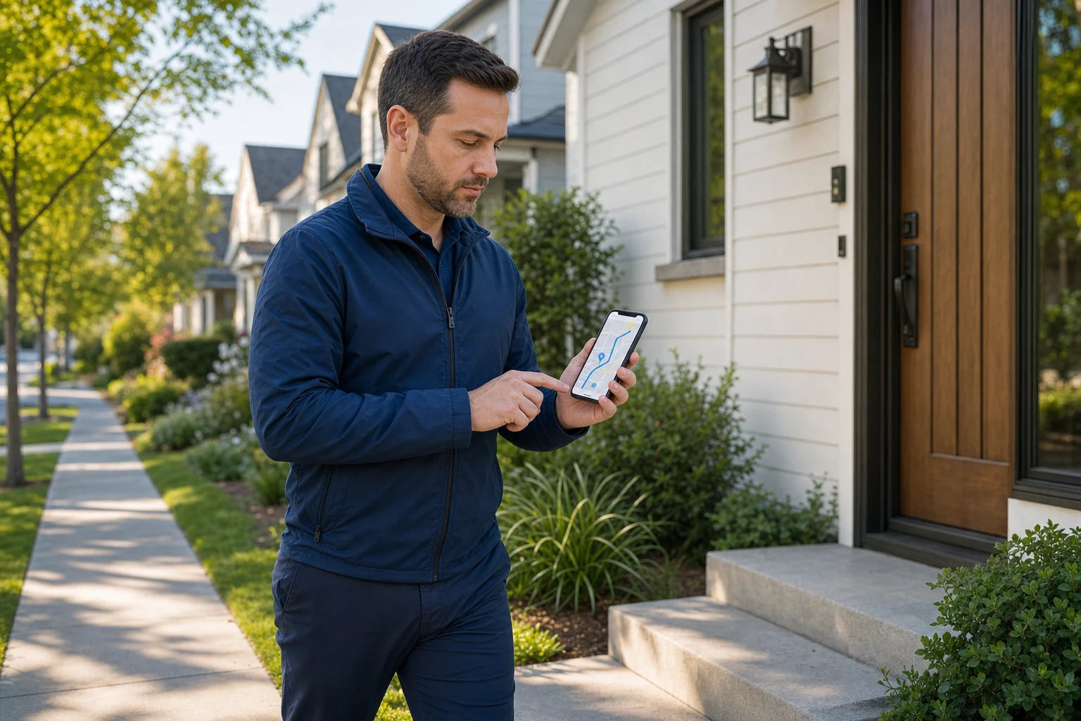 A field sales representative checking a visible mapped route before approaching the next front door