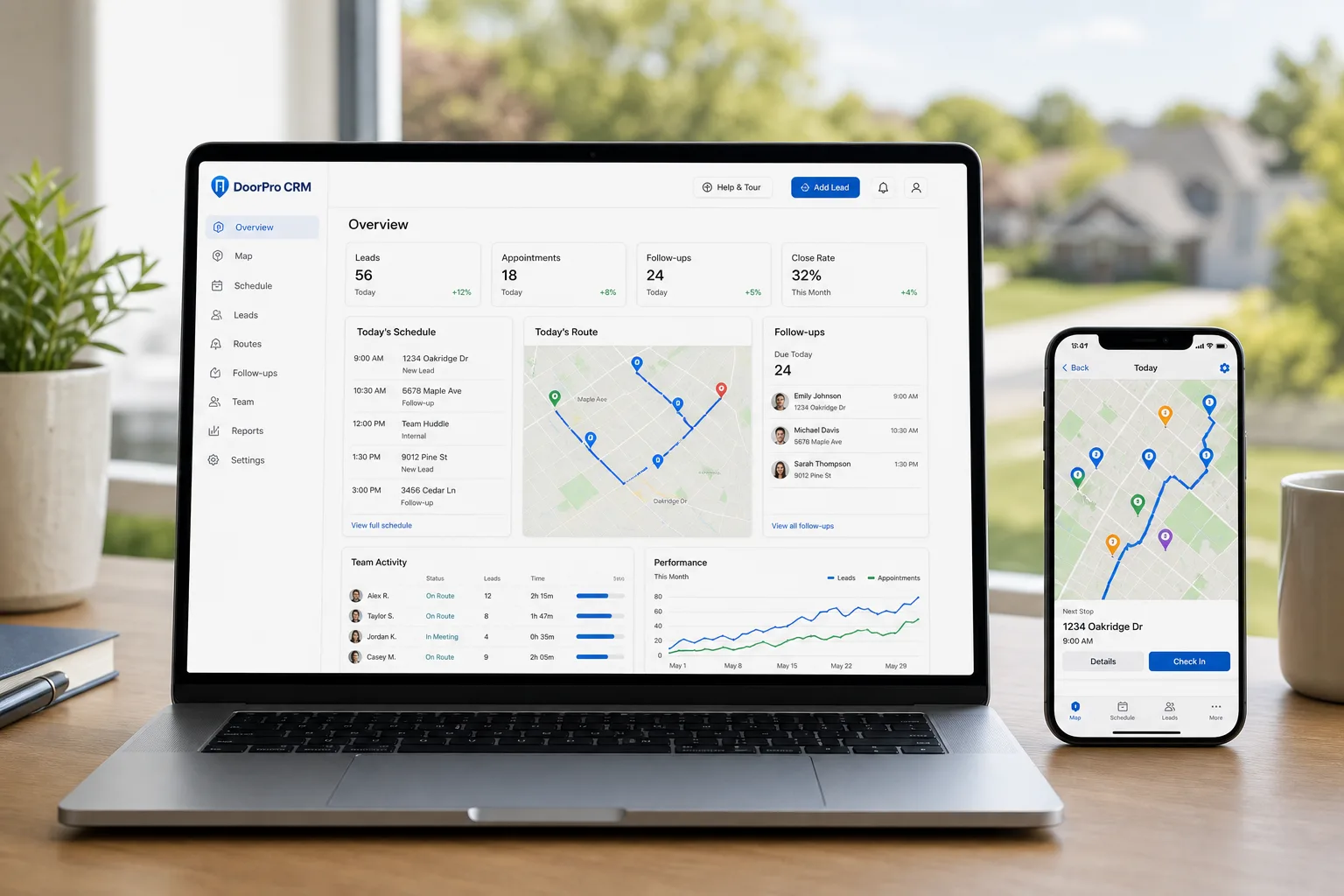 DoorPro field sales workspace shown across desktop and mobile