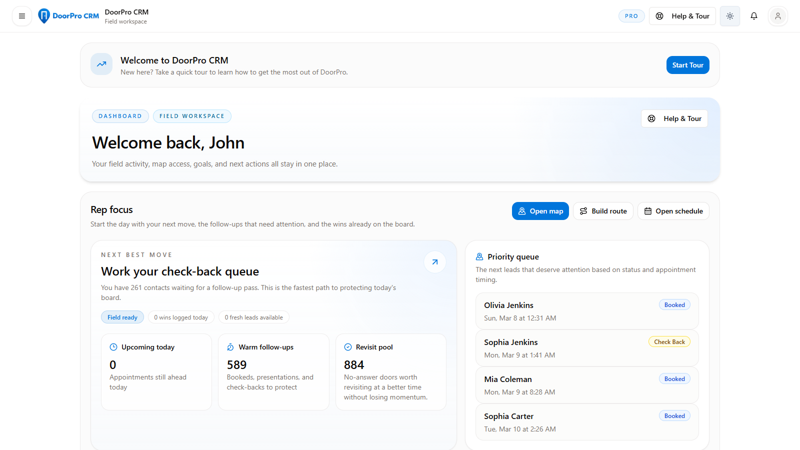 DoorPro dashboard showing rep priorities, follow-ups, and field actions